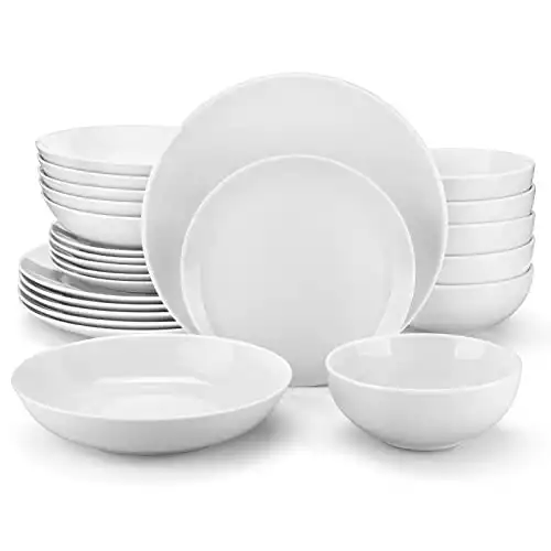 MALACASA 24-Piece Gourmet Porcelain Dinnerware Sets, Modern White Round Dish Set for 6 - Premium Serving Plates and Bowls Sets for Dessert, Salad, Soup, Pasta - Series AMELIA