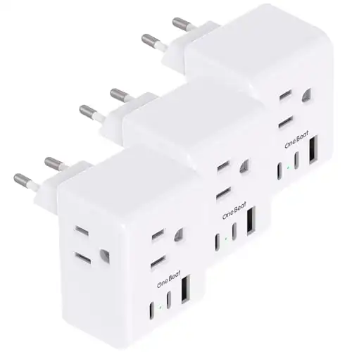 3 Pack European Travel Plug Adapter, One Beat International Power Plug Adapter with 3 Outlets 3 USB Ports(2 USB C), Type C Adapter Travel Essentials for US to Most Europe EU Italy France Germany Spain