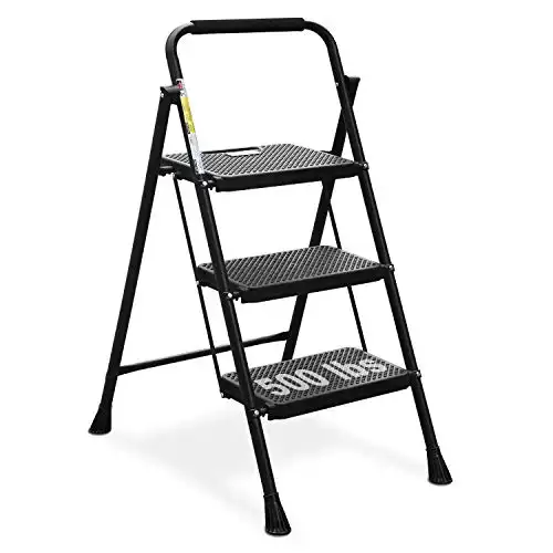 HBTower 3 Step Ladder, Folding Step Stool with Wide Anti-Slip Pedal, 500lbs Sturdy Steel Ladder, Convenient Handgrip, Lightweight, Portable Steel Step Stool, Black