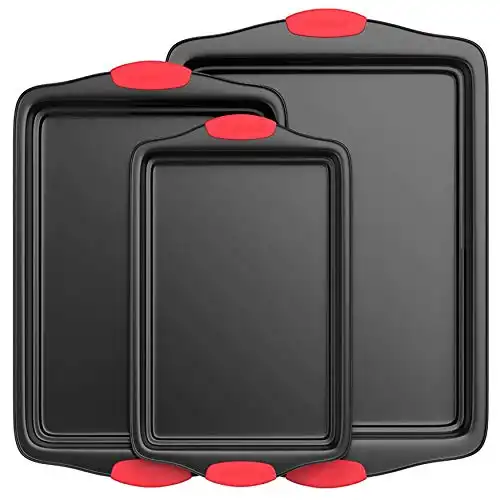 NutriChef 3-Piece Nonstick Kitchen Oven Baking Pans - Premium & Stylish Non-Stick Steel, Commercial Grade Restaurant Quality Metal Bakeware with Red Silicone Handles - Easy to Clean, NCSBS3S