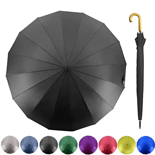 MRTLLOA 52 Inch Windproof Large Umbrellas for Rain, 16 Ribs, J Wooden Handle, 210T High-density Fabric Golf Stick Umbrella(52 Inch, Black)