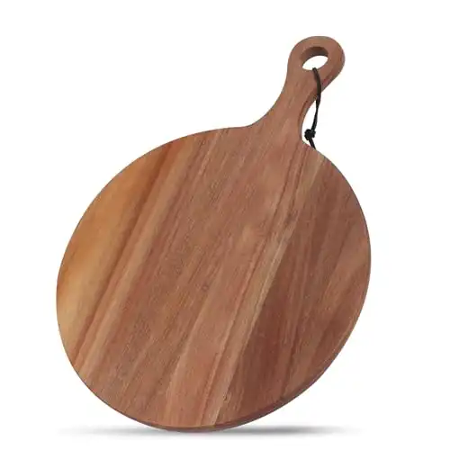 Acacia Wood Cutting Board with Handle Wooden Charcuterie Board Round Cheese Bread Serving Board for Kitchen Chopping, 16.3" x 12"