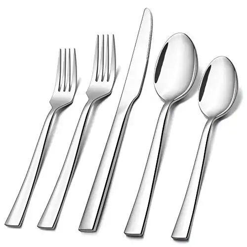 E-far 60-Piece Silverware Set, Stainless Steel Flatware Set Service for 12, Tableware Cutlery Set for Home Restaurant Party, Dinner Forks/Spoons/Knives, Square Edge & Mirror Polished, Dishwasher S...