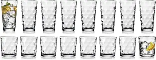 Home Essentials Drinking Glasses Set of 16, 8 Highball Glasses -17 oz., 8 Rocks Whiskey Glass Cups 13 oz., Inner Circular Lensed Glass Cups.