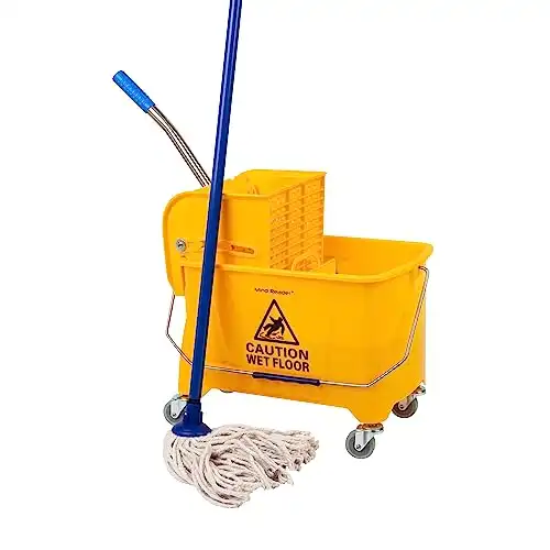 Mind Reader Mop Bucket with Wringer, 22 Qt (5.5 Gallon), Floor Cleaning, Handle, Wheels, 16.25"L x 10.75"W x 24.5"H, Yellow