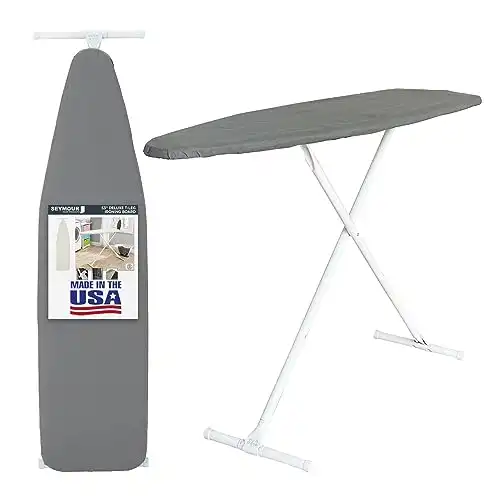 Ironing Board Full Size; Made in USA by Seymour Home Products (Solid Grey) Bundle Includes Cover + Pad | Iron Board w/Steel T-Legs Adjustable Tabletop up to 35" High; Perforated Top for Steam Flo...