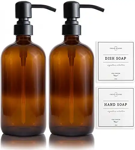 Vine Creations Amber Glass Soap Dispenser, 2 Pack Kitchen Soap Dispenser Set with Stainless Steel Pump, 16 oz Hand Soap Dispenser Bathroom, Dish Soap Dispenser for Kitchen with Waterproof Labels