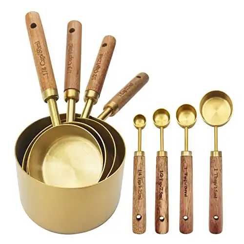 Gold Measuring Cups and Spoons Set with Fragrant Wood Handle, Measuring Cups, Metal Measuring Spoons and Measuring Cup Set for Cooking & Baking, Set of 8 pcs