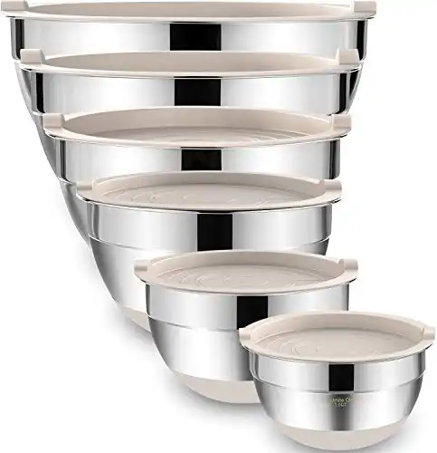 Umite Chef Mixing Bowls with Airtight Lids, 6 piece Stainless Steel Metal Nesting Storage Bowls, Non-Slip Bottoms Size 7, 3.5, 2.5, 2.0,1.5, 1QT, Great for Mixing & Serving (Khaki)