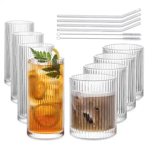 INSETLAN Set of 8 Vintage Glassware - 4 Highball Glasses 12 oz, 4 Rocks Glass Cups 14 oz, Ribbed Glassware Cocktail Glasses, Ideal for Wine, Juice, Water, Ice Coffee Cup, Whiskey, Mixed Drinkware