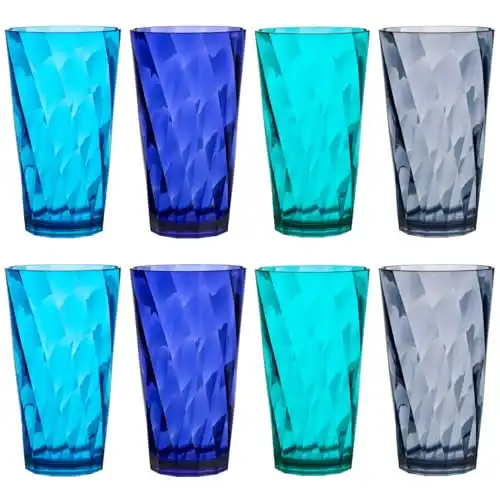 US Acrylic Optix Plastic Reusable Drinking Glasses (Set of 8) 20oz Water Cups in Coastal Colors | BPA-Free Tumblers, Made in USA | Top-Rack Dishwasher Safe