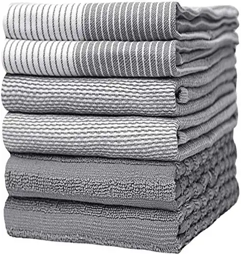 Premium Kitchen,Hand Towels (20 x 28 , 6 Pack) Large Cotton, Dish, Flat & Terry Towel Highly Absorbent Tea Towels Set with Hanging Loop Gray