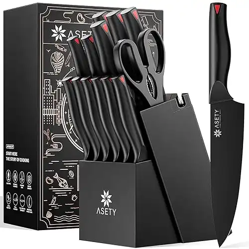 Knife Set, 15 PCS Kitchen knife Set with Bulti-in Sharpener Block, Stainless Steel Knife Block Set, Dishwasher Safe Knives Sets for Kitchen, Black, Elegant Box