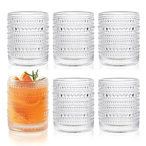 Hobnail Drinking Glasses Set of 6,12oz Vintage Glassware Embossed Vintage Water Cups Cocktail Glasses Juice Glasses