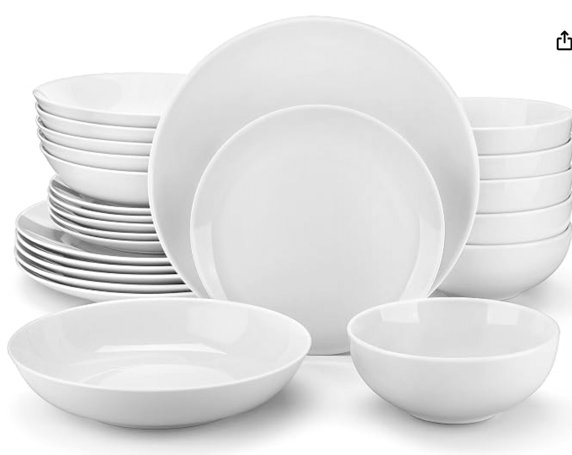 MALACASA 24-Piece Porcelain Dinnerware Set, White Round Dish Set for 6