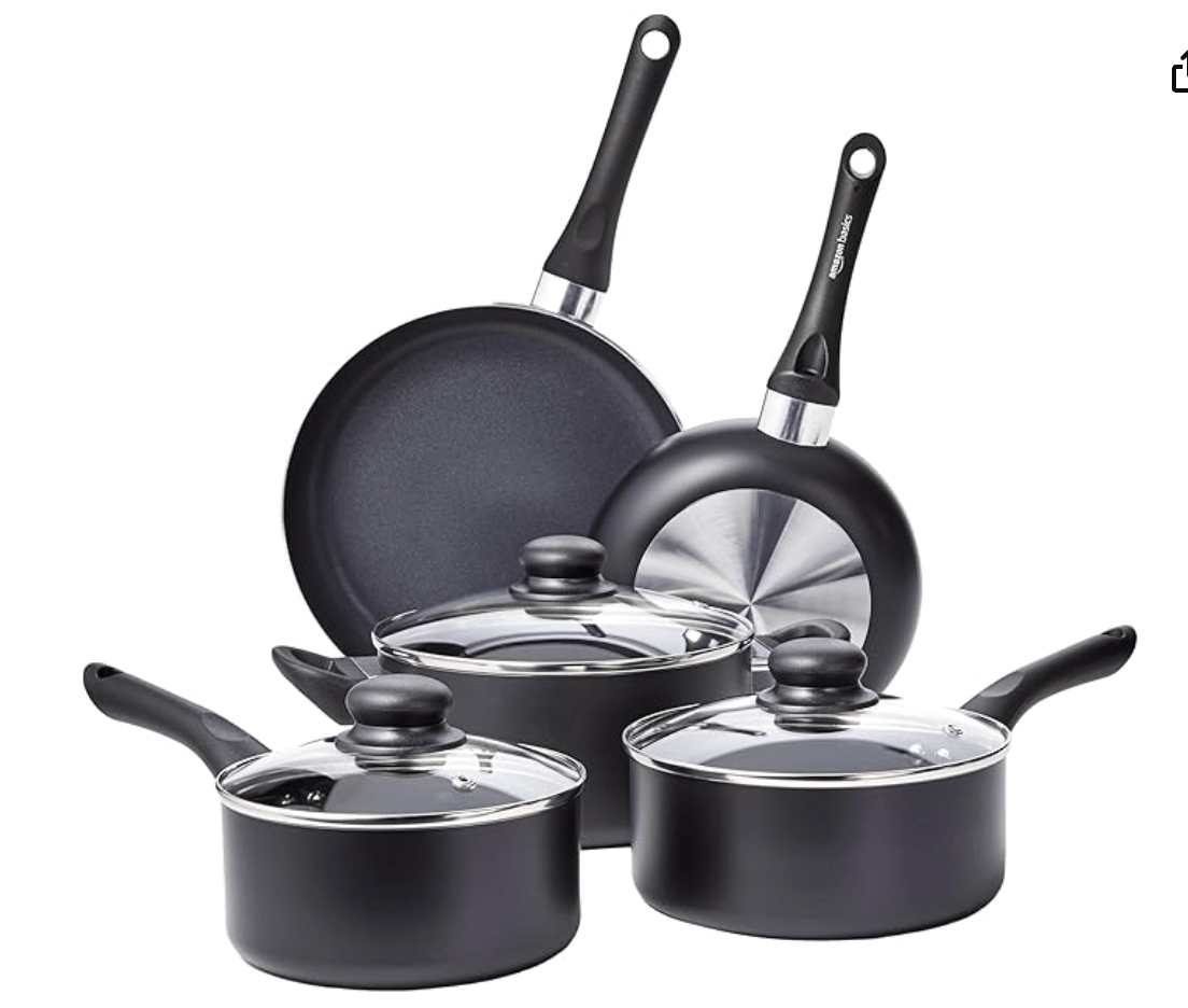 Amazon Basics Ceramic Non-Stick Cookware 8-Piece Set, Pots and Pans, Black