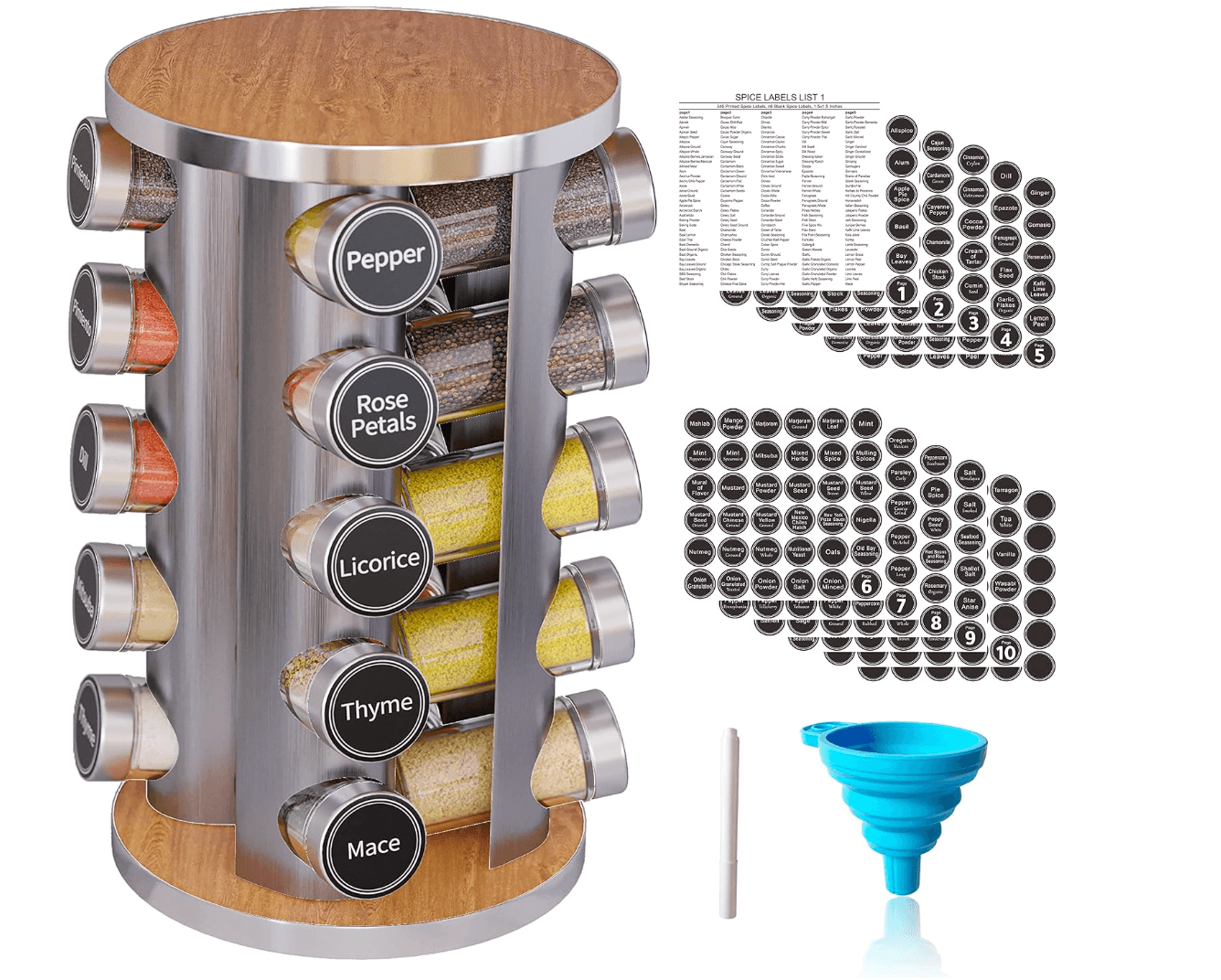Revolving Spice Rack Set with 20 Spice Jars, Kitchen Spice Tower Organizer for Countertop or Cabinet