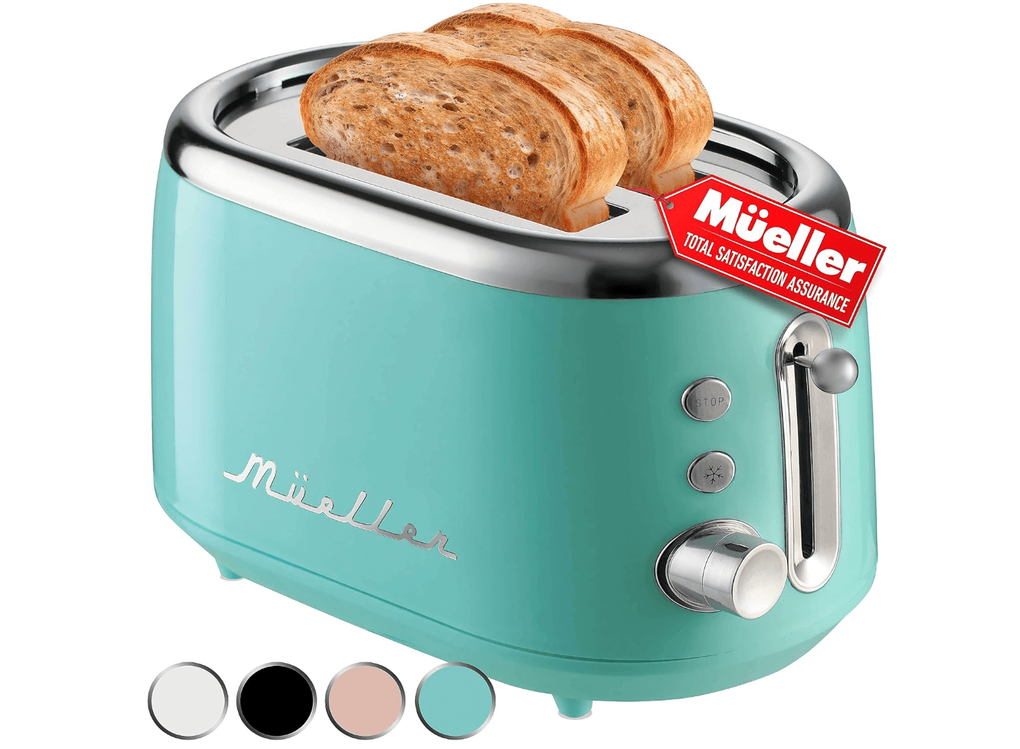 Mueller Retro Toaster 2 Slice with 7 Browning Levels and 3 Functions: Reheat, Defrost & Cancel, Stai