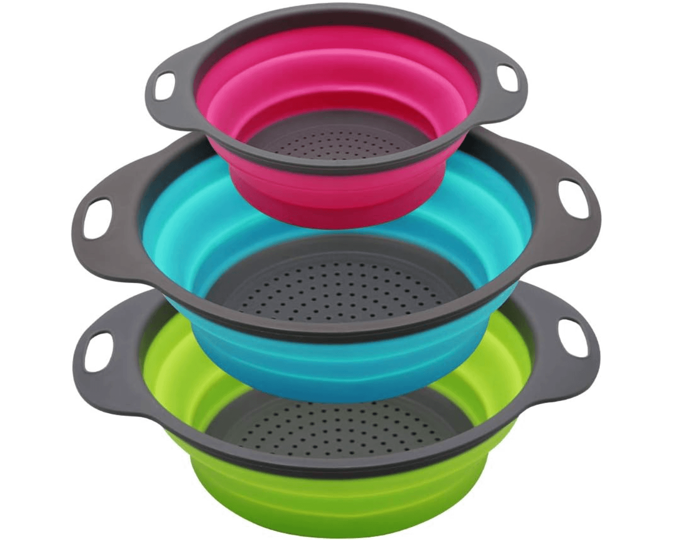 Qimh Collapsible Colander Set of 3 Round Silicone Kitchen Strainer Set - 2 pcs 4 Quart and 1 pcs 2 Q