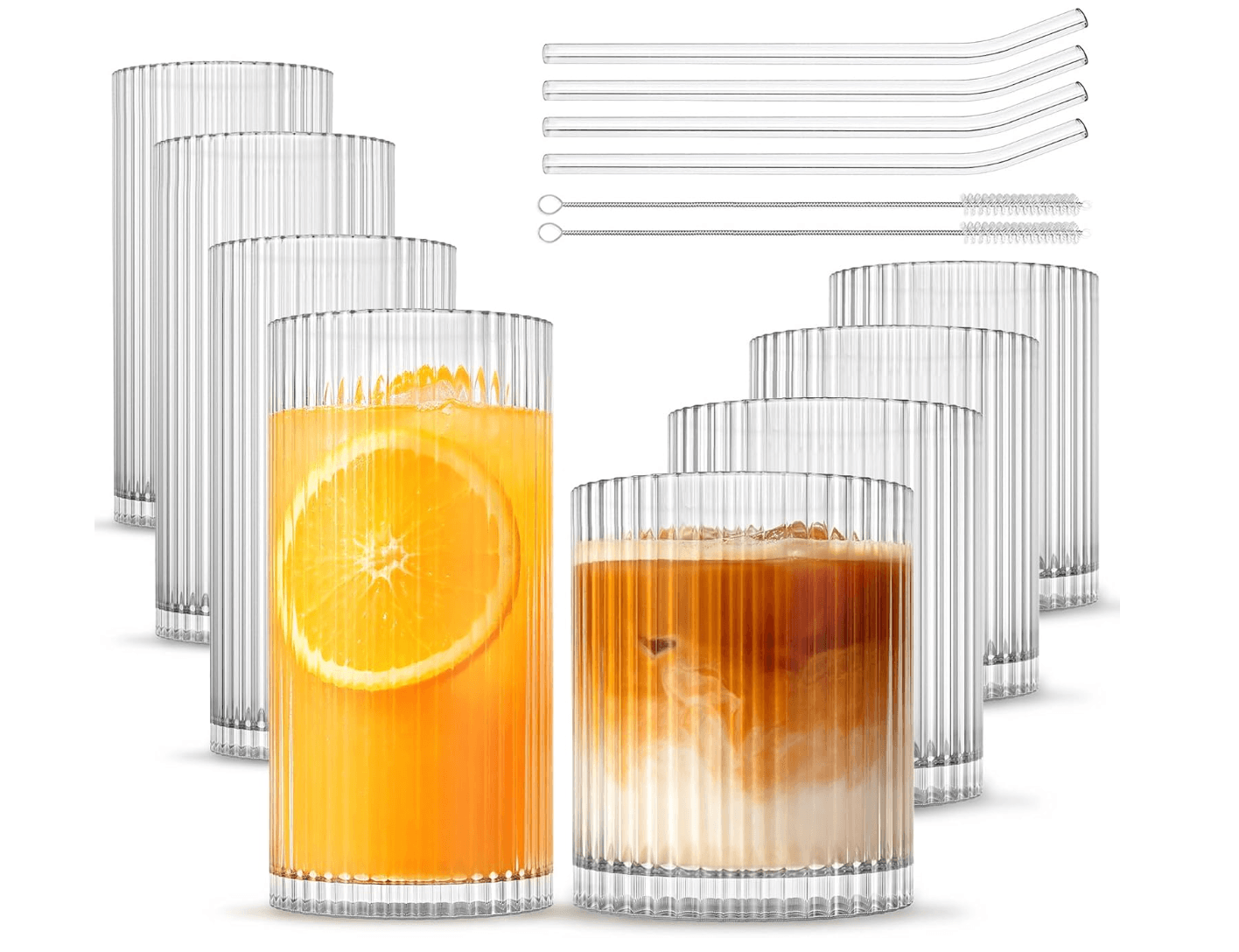 NSETLAN Set of 8 Vintage Glassware - 4 Highball Glasses 12 oz, 4 Rocks Glass Cups 14 oz, Ribbed Glas