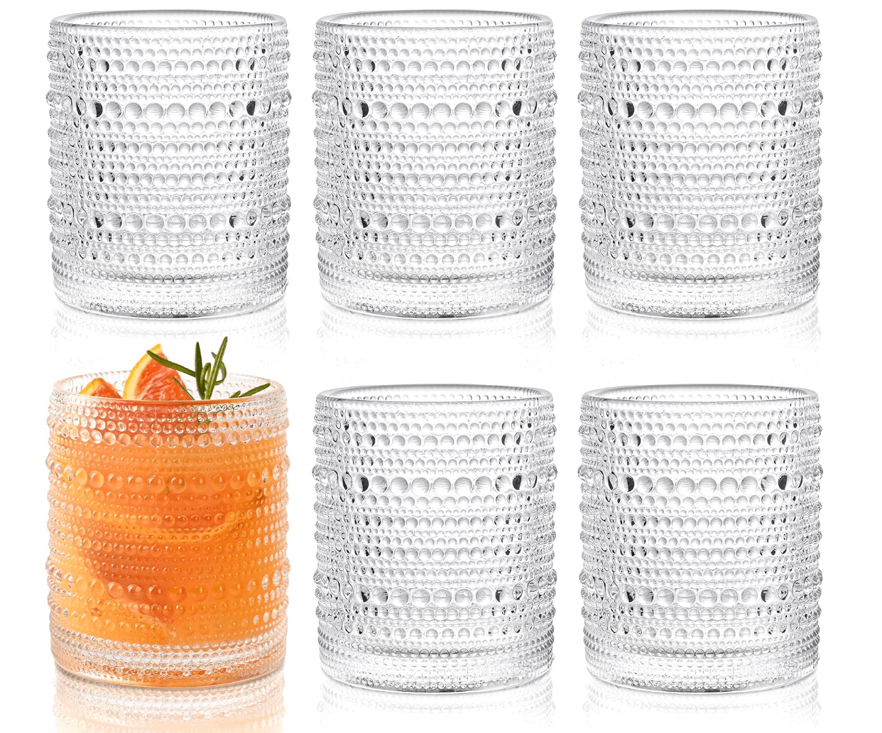 KMIGRUAN Hobnail Drinking Glasses Set of 6,12oz Vintage Glassware Embossed Vintage Water Cups Cockta