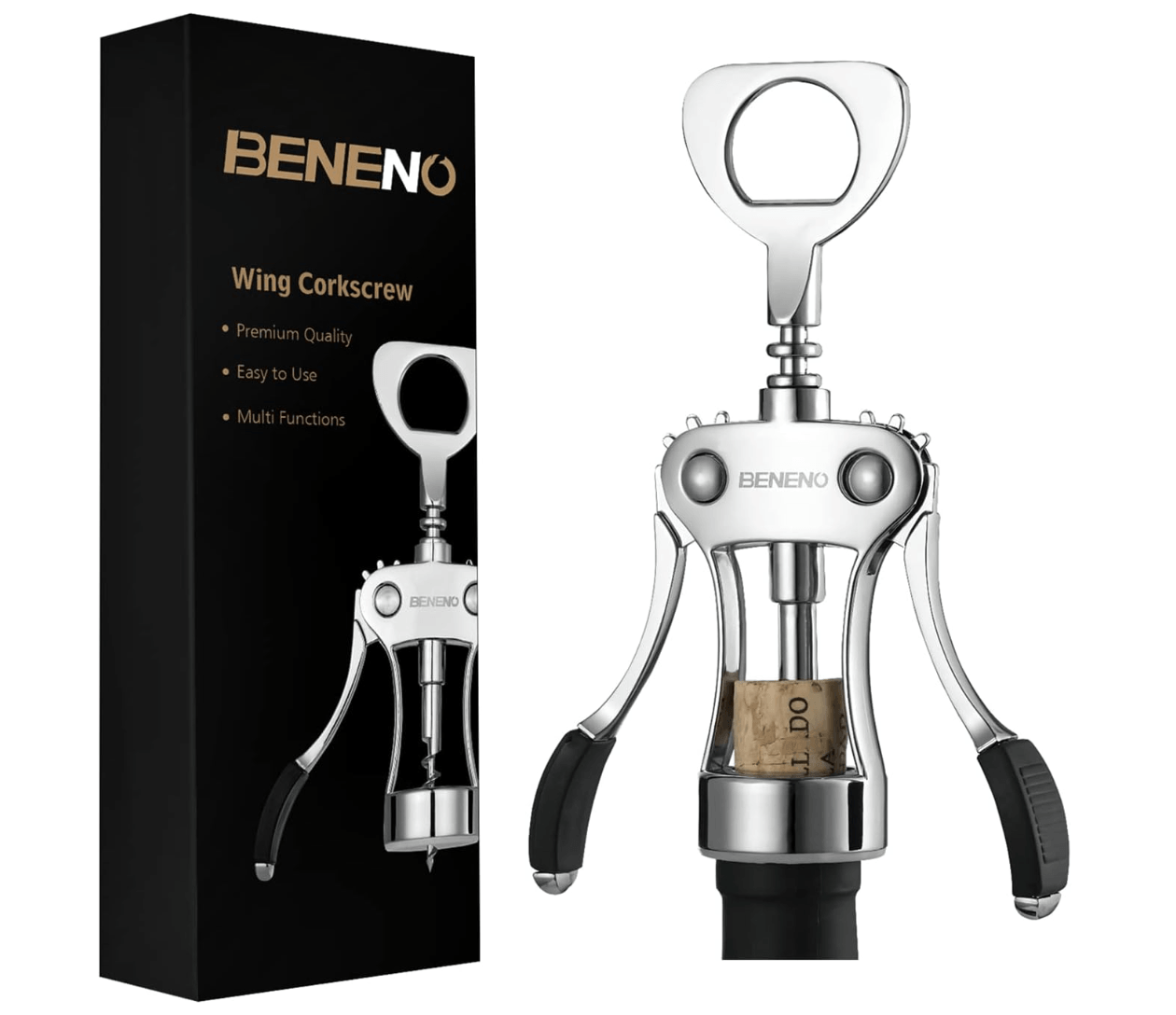Beneno Wine Opener, Premium Wing Corkscrew Wine Bottle Opener, Silver