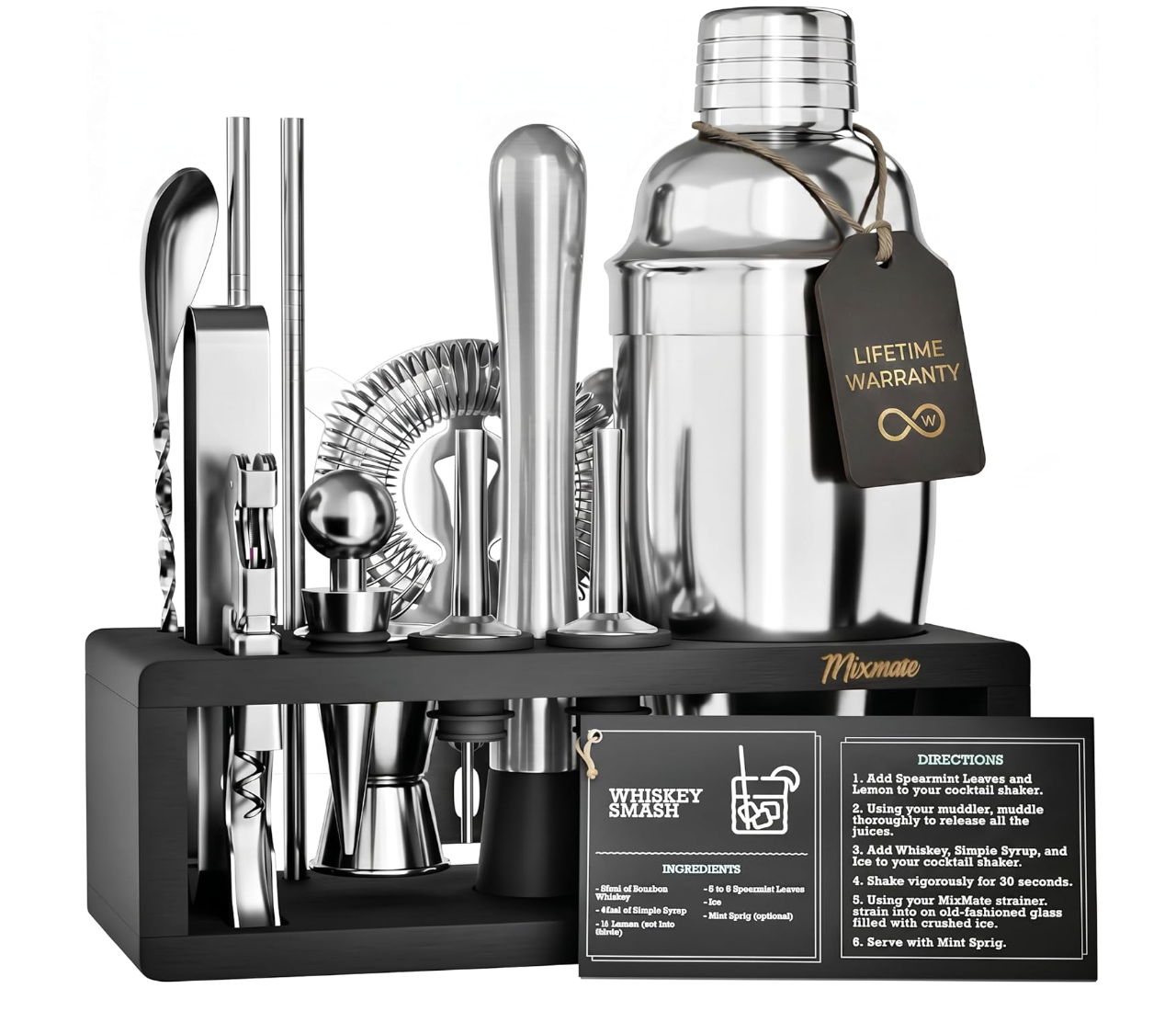 Mixology Bartender Kit with Stand - 15 Piece Bar Tool Set, Silver Bar Set Cocktail Shaker Set for Dr