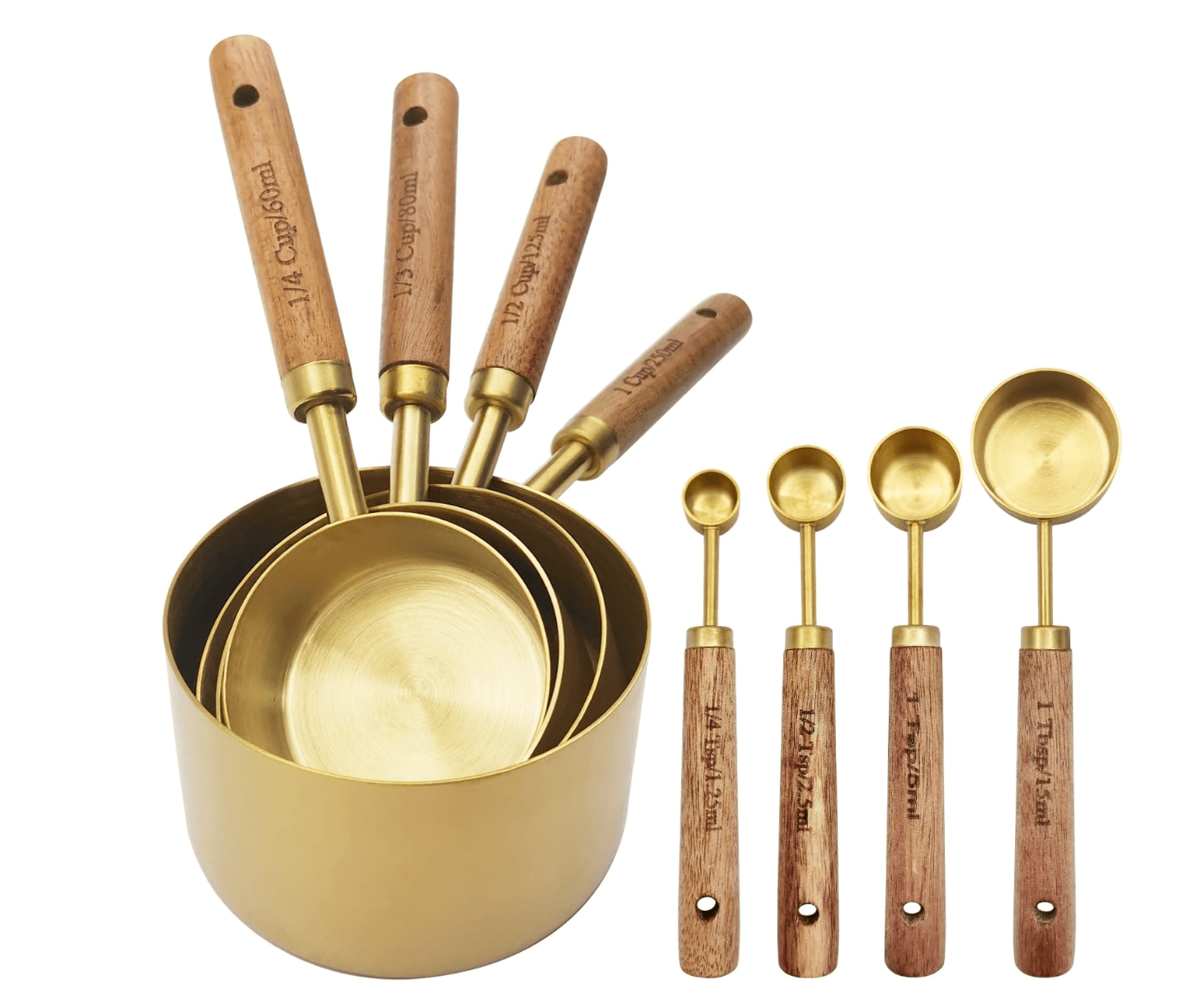 Gold Measuring Cups and Spoons Set with Fragrant Wood Handle, Measuring Cups, Metal Measuring Spoons
