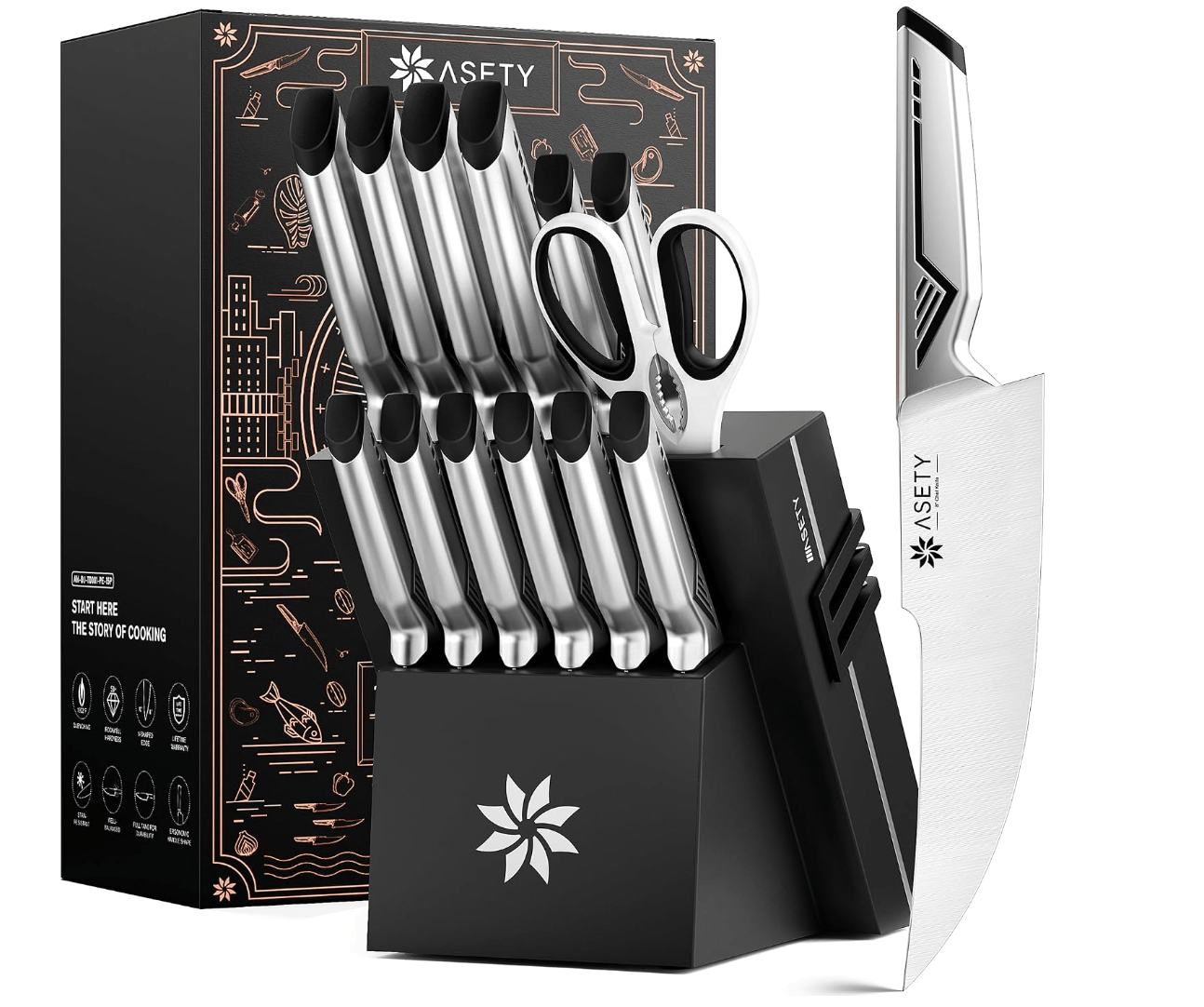 ASETY Kitchen Knife Set, 15 PCS One-Piece Stainless Steel Knife Block Set