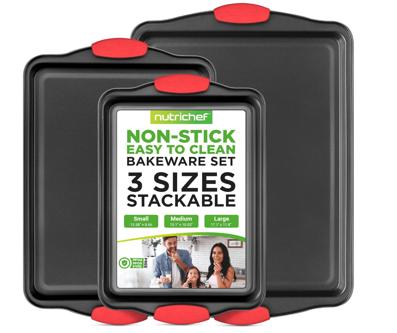 NutriChef 3‑Piece Nonstick Cookie Sheets – Carbon Steel Baking Sheet Set with Non Stick Coating 