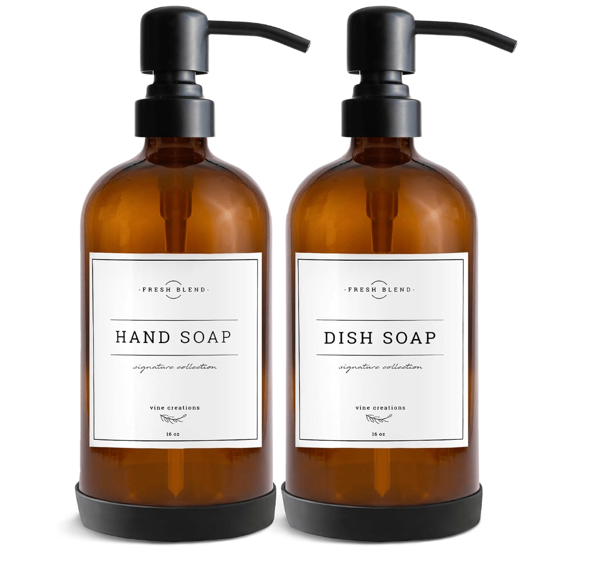 Vine Creations Amber Glass Soap Dispenser, 2 Pack Kitchen Soap Dispenser Set with Stainless Steel Pu