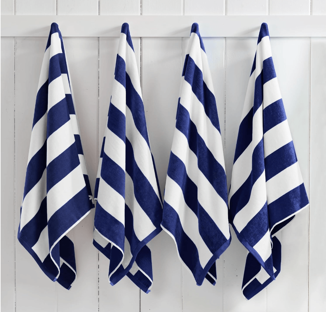 Great Bay Home 100% Cotton Velour 4 Pack Beach Towels 30\\\" x 60\\\" - Navy Cabana Stripe Pool Towe