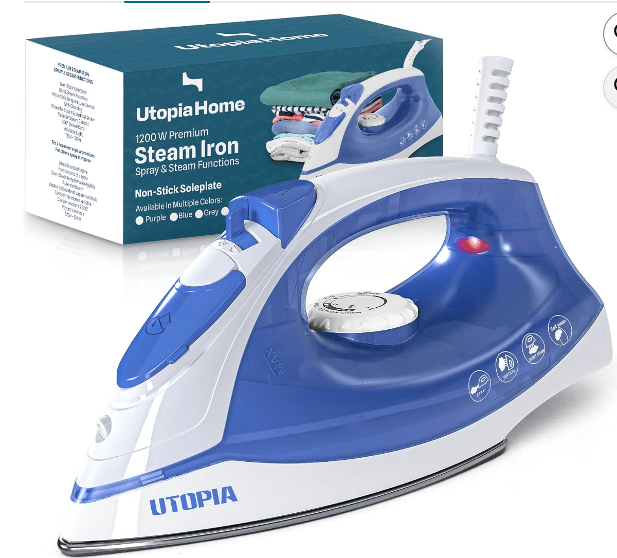 Utopia Home Steam Iron for Clothes - Non-Stick Soleplate - 1200W Iron–Blue