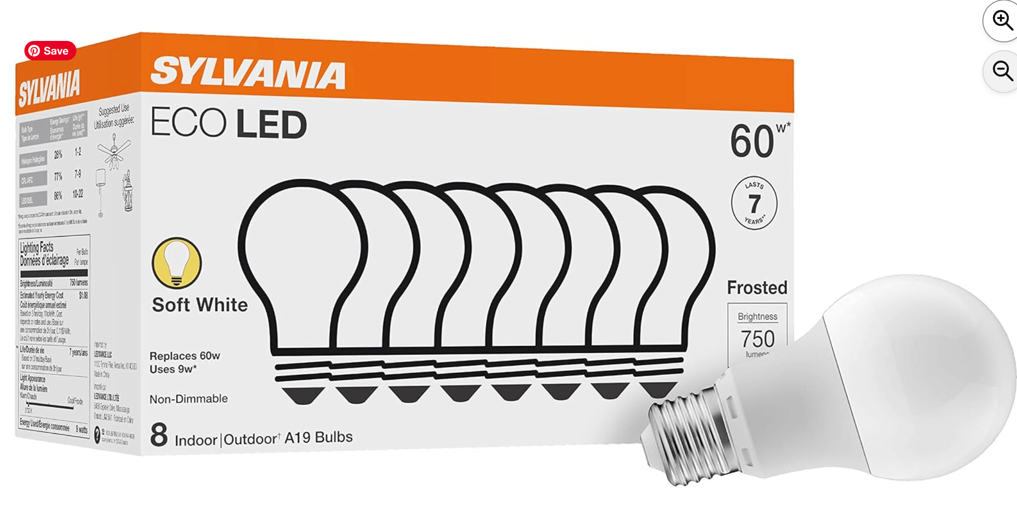 Sylvania ECO LED Light Bulb, A19 60W Equivalent, Efficient 9W, 7 Year, 750 Lumens, 2700K, Non-Dimmab