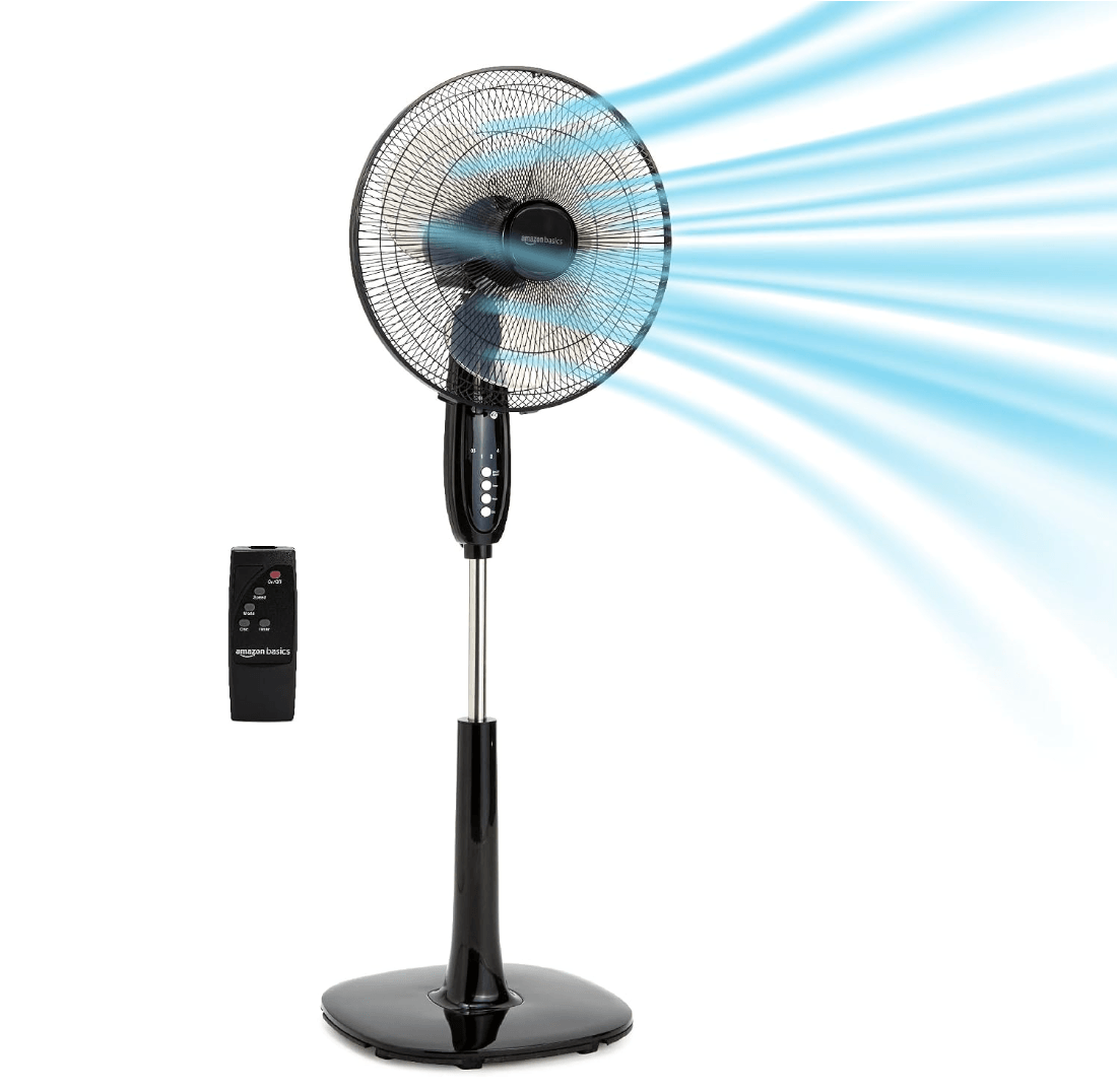 Amazon Basics 16\" Pedestal Fan with Remote for Bedroom, Living Room, Office, Adjustable Height, Dua